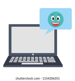 laptop computer with speech bubble and emoji kawaii