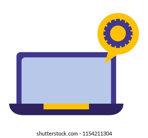 laptop computer and speech bubble with gear machine