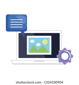 laptop computer with speech bubble and gear