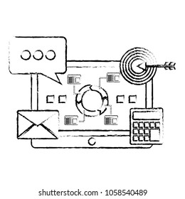 laptop computer speech bubble message calculator target