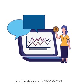 laptop computer with speech bubbles and woman holding a money coin over white background, vector illustration