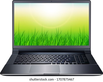 Laptop computer with spring background on screen, vector illustration.