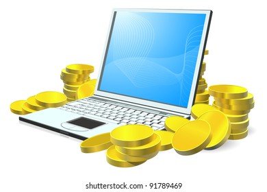 Laptop computer with stacks of gold coins around it