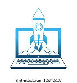 laptop computer with startup rocket isolated icon