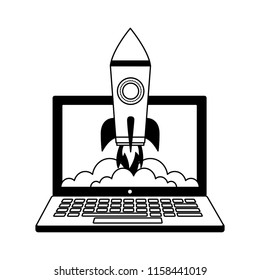 laptop computer with startup rocket isolated icon