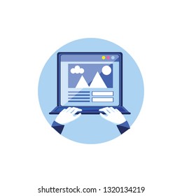 laptop computer with statistics document and hands