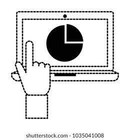 laptop computer with statistics and hand