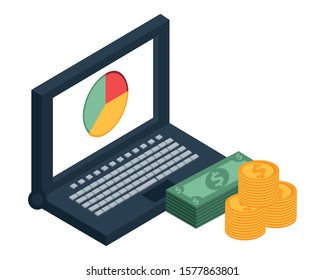 laptop computer with statistics pie and money vector illustration design