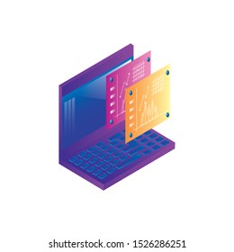 laptop computer with statistics webpage templates vector illustration design