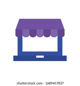 ordenador portátil con icono de tienda sobre fondo blanco, estilo plano, ilustración vectorial