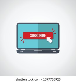 Laptop computer with subscribe button vector flat illustration