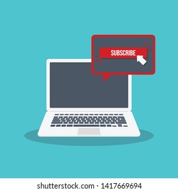 Laptop computer with subscribe button vector flat illustration