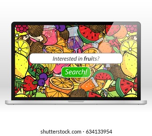 Laptop Computer Summer Fruit Juice Smoothie Food Doodles Icons and Symbols Background Vector Art Illustration