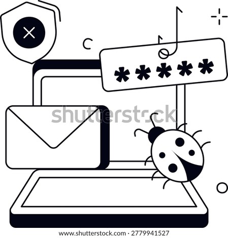 A laptop computer is surrounded by a digital bug an envelope and a phishing hook catching a password. This represents common internet vulnerabilities and the importance of data protection.