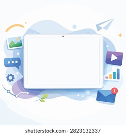 A laptop computer surrounded by floating app icons in vibrant colors