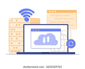 Computador Laptop Sincronizando Servidor de Computação em Nuvem via Sinal Wi-Fi para Ilustração do Conceito de Tecnologia de Conexão à Internet e Wireless