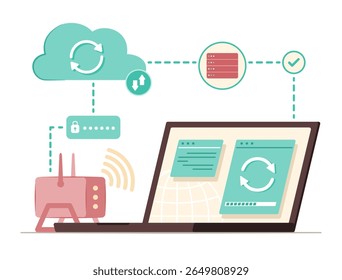 Laptop Computer Syncing Data with Cloud Computing Server via Wi-Fi Signal from Wireless Router for Internet and Wireless Network Connection Technology Concept Illustration