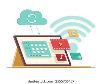 Laptop Computer Syncing Data Files with Cloud Computing Server for Wireless Connection Technology Concept Illustration