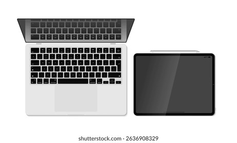 Laptop Computer and Tablet Device Top View – Technology Vector Illustration, Modern Electronics Set with Blank Screen Isolated on White Background