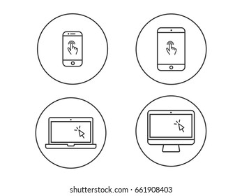 Laptop computer, tablet, mobile with finger gesture and cursor vector line icon  svg