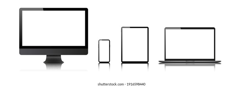 Laptop, Computer, Tablet, Mobile,  Mockup Isolated Blank Screen Vector Set. White Monitor Touchscreen Gadget Technology Equipment. Phone, Smartphone On White  Background