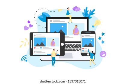 Laptop computer, tablet and mobile phone with social media account.