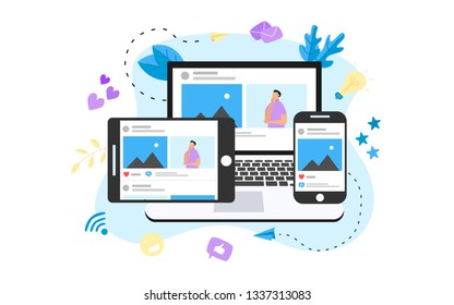Laptop computer, tablet and mobile phone with social media account.