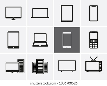 Equipo portátil, computadora, tablet y teléfono móvil Juego de iconos. Dispositivos vectores