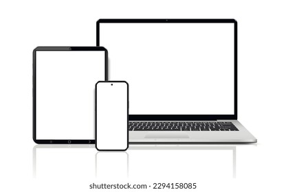 Ordenador portátil, tablet y teléfono móvil. Burla de dispositivos planos, detallados y realistas