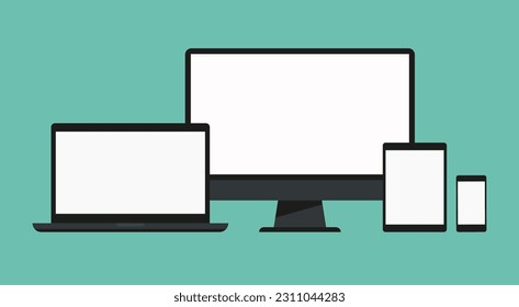 laptop computer tablet and mobile phone mockup, digital devices with blank white screen template flat vector illustration