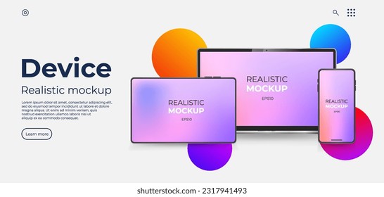 Computadora portátil, tablet y Mobile Phone Mockup. Equipo para la presentación de la aplicación. Plantilla de pantalla de degradado de dispositivos digitales. Concepto de ilustración de vector