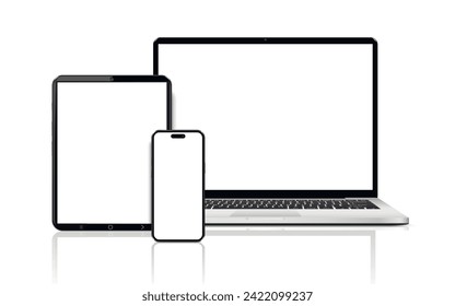 Ordenador portátil, tablet y teléfono móvil. Burla de dispositivos planos, detallados y realistas