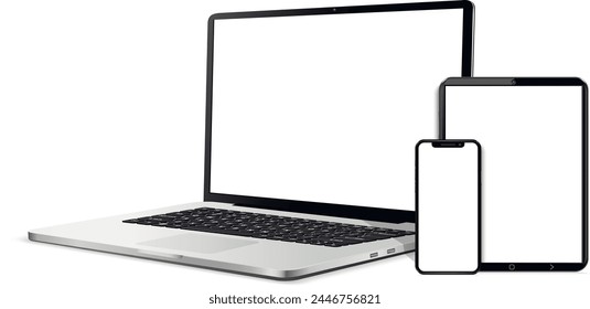 Laptop computer, tablet and mobile phone. Flat lay detailed and realistic devices mockup