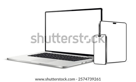 Laptop computer, tablet and mobile phone realistic devices mockup