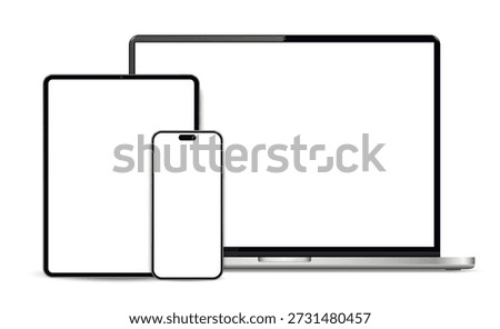 Laptop computer, tablet and mobile phone. Flat lay detailed and realistic devices mockup