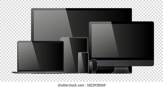 laptop, computer, tablet, mobile, watch mockup isolated blank screen vector set. white monitor touchscreen gadget technology equipment. phone, smartphone, smartwatch  background