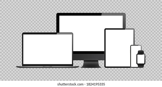 laptop, computer, tablet, mobile, watch mockup isolated blank screen vector set. white monitor touchscreen gadget technology equipment. phone, smartphone, smartwatch  background