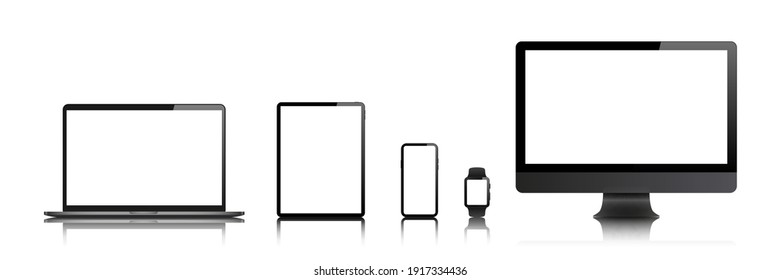 Laptop, Computer, Tablet, Handy, beobachten Sie einzelne leere Bildschirm Vektorset. Geräte für die Touchscreen-Gadget-Technik auf weißem Bildschirm. Telefon, weißer Hintergrund