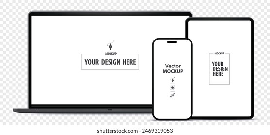 Computadora portátil, Tablet PC y maqueta de teléfono móvil. Plantilla de Ilustración vectorial de pantalla de dispositivos digitales con fondo transparente.