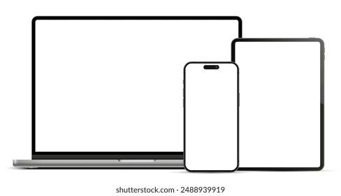 Laptop computer, tablet pc and mobile phone mockup front view, digital devices screen template isolated with transparent background