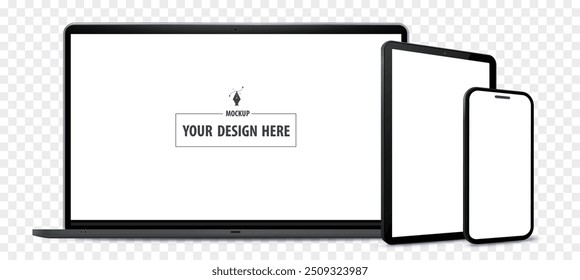 Laptop Computer, Tablet PC and Mobile Phone Mockup. Digital devices screen vector illustration  template with transparent background.