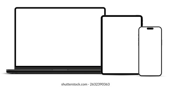 Laptop computer, tablet pc and mobile phone mockup front view, black digital devices screen template isolated with transparent background - vector