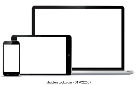 Laptop Computer, Tablet PC, Mobile Phone Vector illustration Mockup.Digital devices screen vector illustration template isoated on white background.