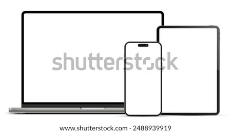 Laptop computer, tablet pc and mobile phone mockup front view, digital devices screen template isolated with transparent background