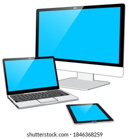 A Laptop Computer, Tablet PC and Monitor Display “All in One” PC presented with blue screens.