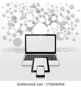 A Laptop computer, Tablet PC and Smart Phone all presented with blank screens set against grid pattern of connected circles representing a global WWW network.