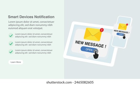 Laptop computer, Tablet computer and Smartphone mockup with New messages notification concept. New message alert and pop-up. Incoming and open messages and emails. Vector.
