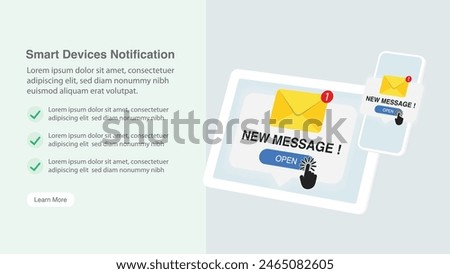 Laptop computer, Tablet computer and Smartphone mockup with New messages notification concept. New message alert and pop-up. Incoming and open messages and emails. Vector.