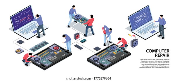 Laptop computer tablet smartphone repair support service isometric infographic horizontal banner with software upgrade installation vector illustration 