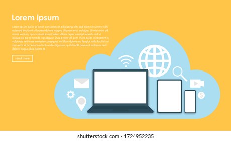 Computadora portátil, tablet, smartphone e iconos web conectados con la nube. Tecnología de soluciones de computación en nube y concepto de negocios. Ilustración vectorial plana sobre fondo amarillo.